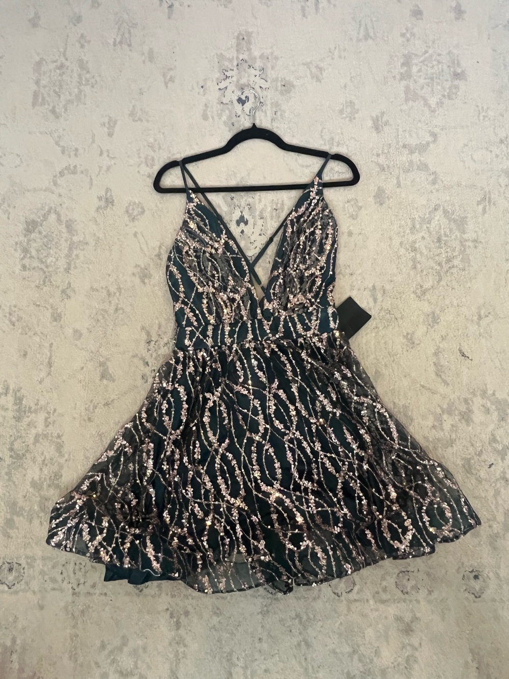 Sleeveless Blue Sequin Fit & Flare Dress with Rose Gold Accents